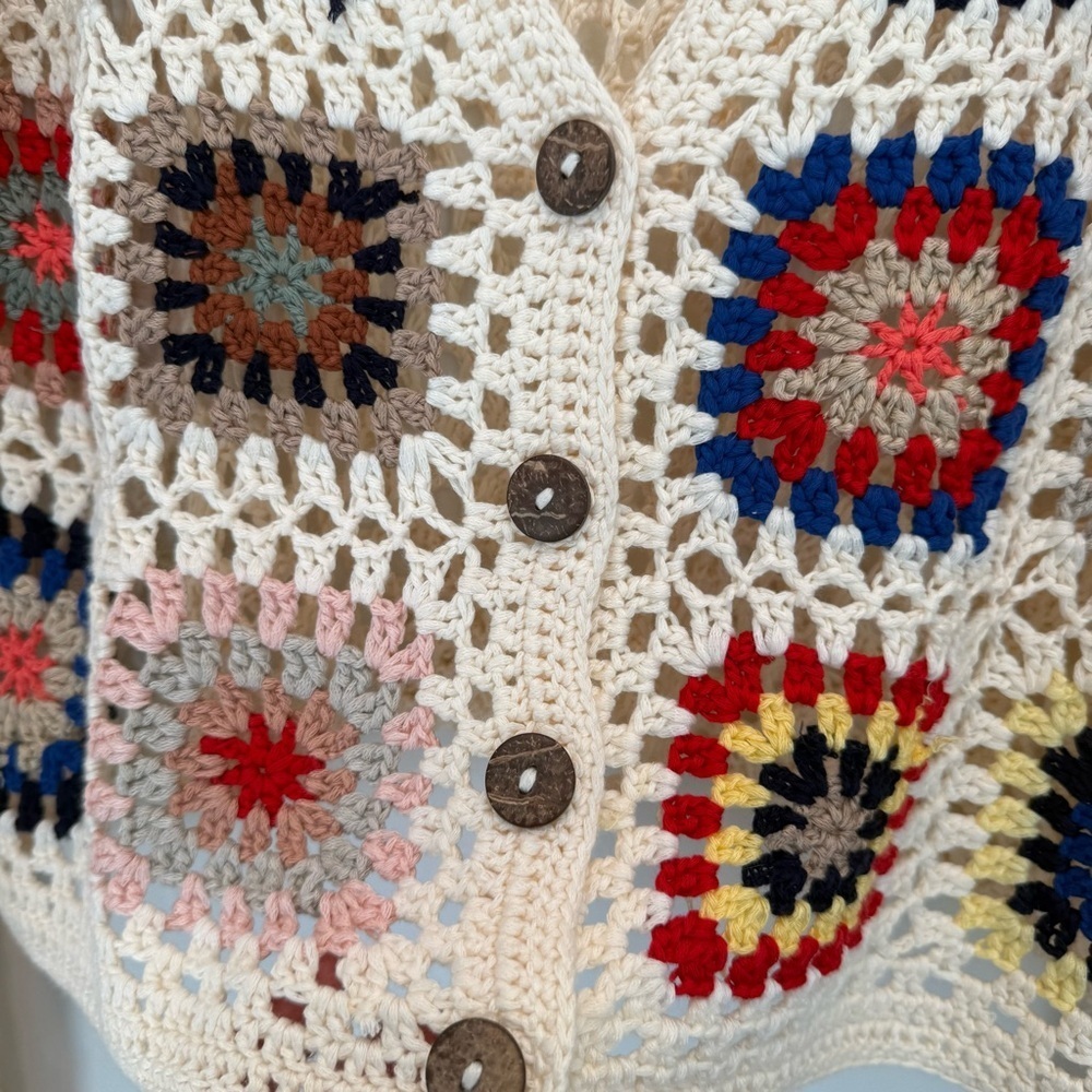 Debut Crochet Cream Granny Square Cardigan Sweater size M - Picture 4 of 11